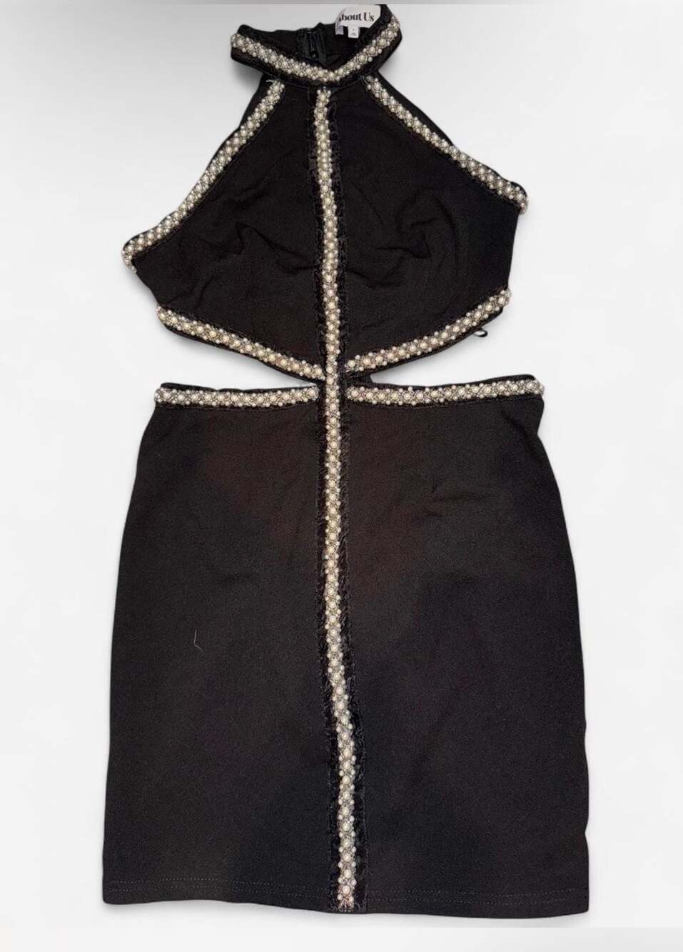 About Us Pearl Trim Cutout Halter Mini Dress in Black, Size S